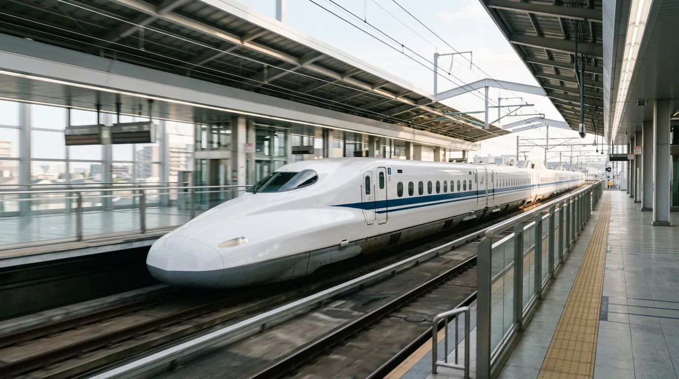 Ilustración de un tren bala moderno en una estación de Japón.