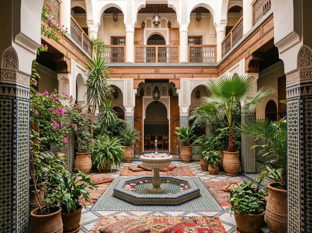 Interior de un riad tradicional marroquí con azulejos detallados, una fuente central y arquitectura morisca.