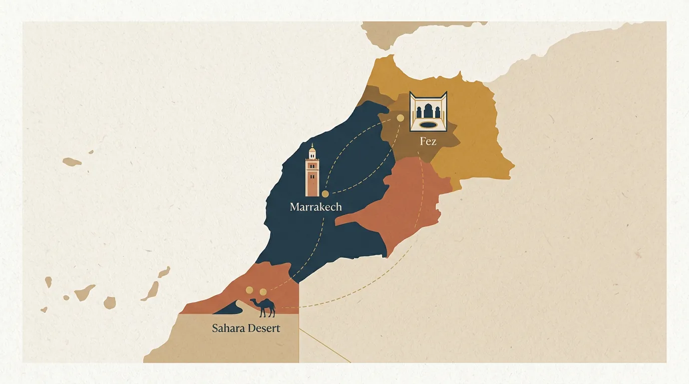 Mapa estilizado e ilustrado de Marruecos destacando ciudades principales como Marrakech, Fez y el desierto.
