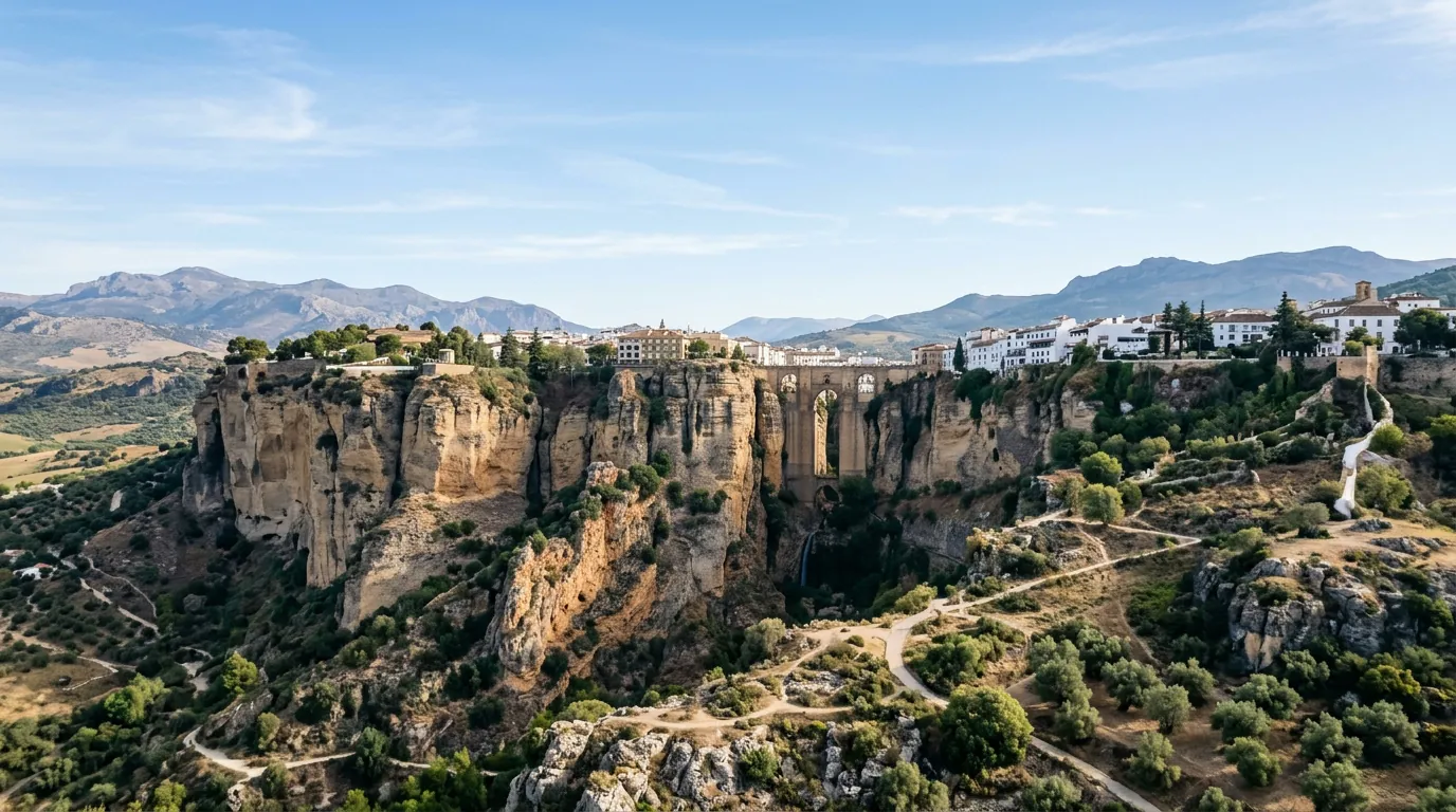 Paisaje idílico de la Serranía de Ronda, destacando el puente nuevo y el entorno natural montañoso.