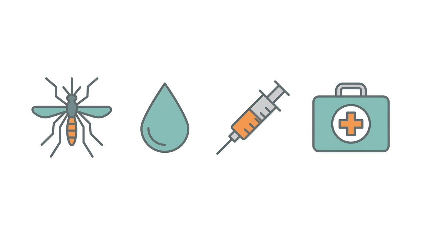 Iconos de salud y precaución para viajeros, mostrando elementos de prevención en entornos tropicales de forma clara y esquemática.